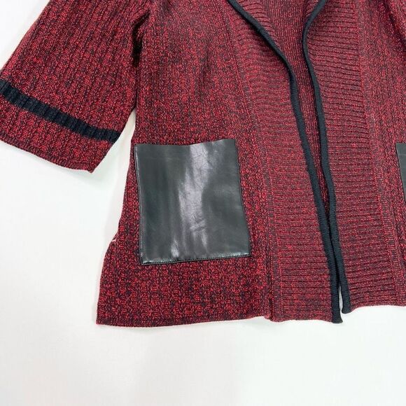 Ming Wang Cardigan Sweater Womens PL Red Open Front Faux Leather Pockets Knitted - Picture 2 of 11